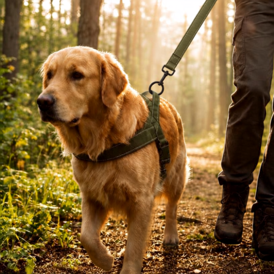 harnais chien anti traction tactique kaki sentier le matin